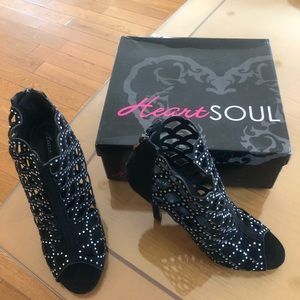 Open-toe rhinestone suede booties  size 9